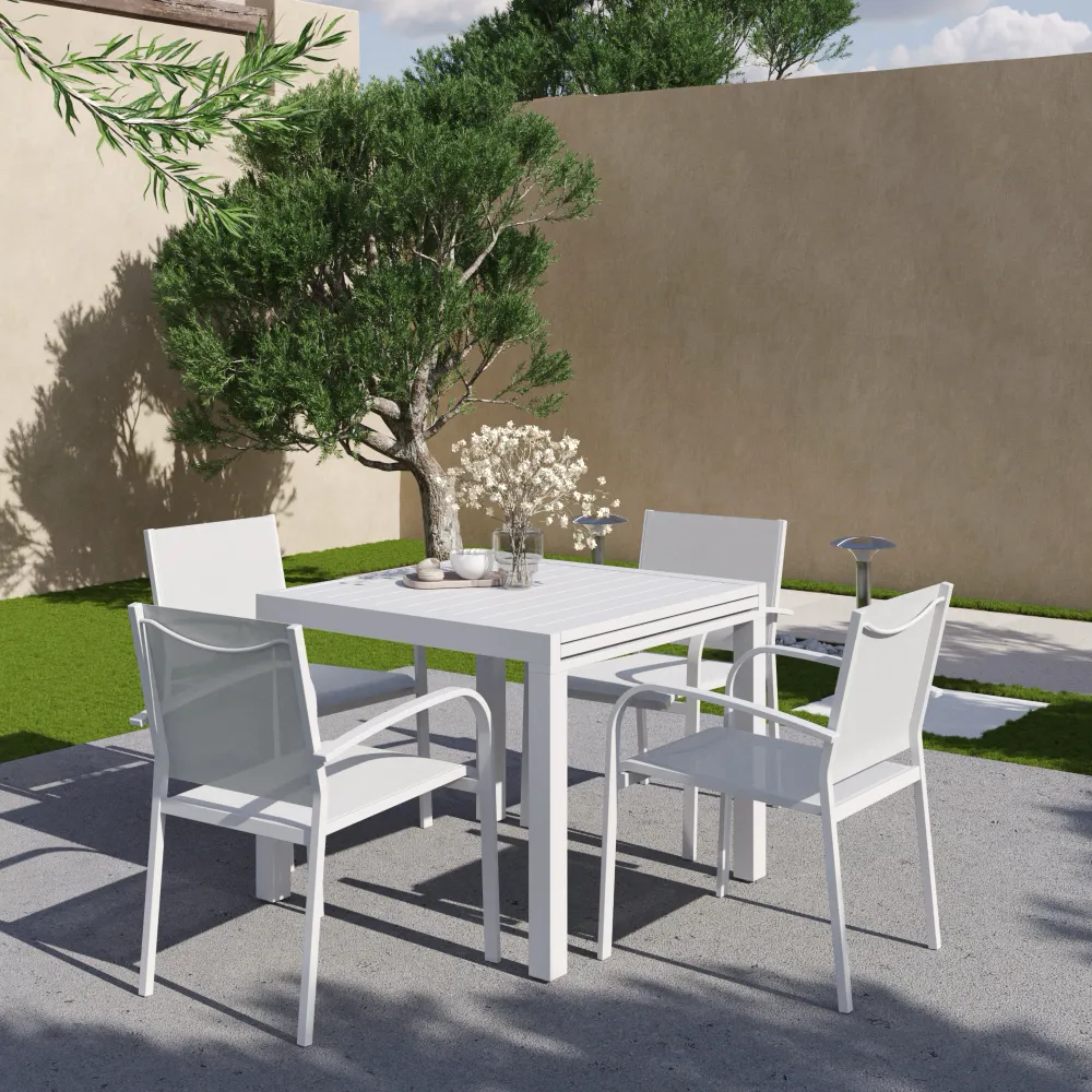 Set da esterno bianco con tavolo allungabile 90/180x74cm e 4 sedie in alluminio con textilene e braccioli tondi | Marel Set da esterno bianco con tavolo allungabile 90/180x74cm e 4 sedie in alluminio con textilene e braccioli tondi | Marel