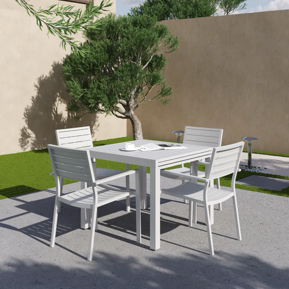 Set da esterno bianco con tavolo allungabile 90/180x74cm e 4 sedie in alluminio | Zenor