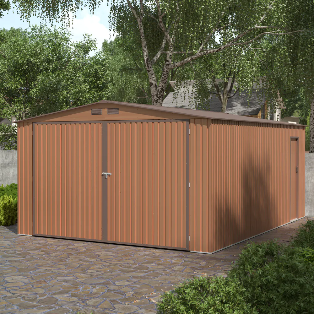 Garage per auto in acciaio zincato 380x540xh232 cm con porta a battente effetto legno - 20,5mq