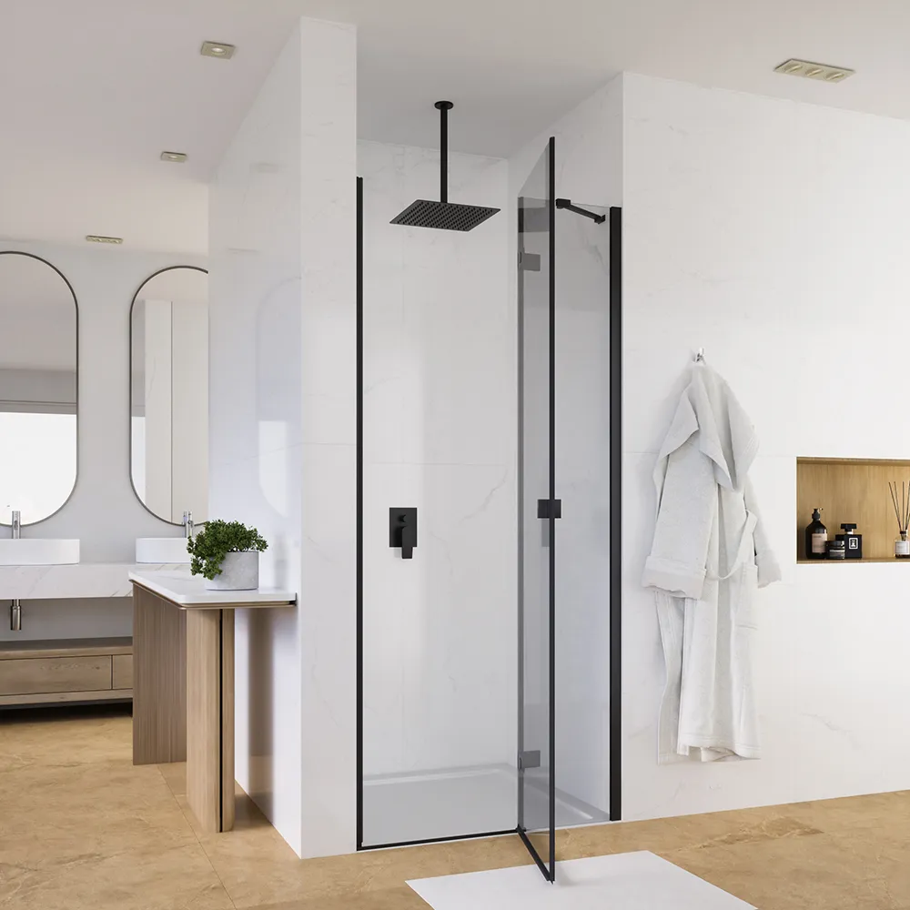 Porta doccia 90cm apertura a battente lato destro con cerniere, profili nero opaco e vetro da 8mm trasparente h195 | Fiji Porta doccia 90cm apertura a battente lato destro con cerniere, profili nero opaco e vetro da 8mm trasparente h195 | Fiji