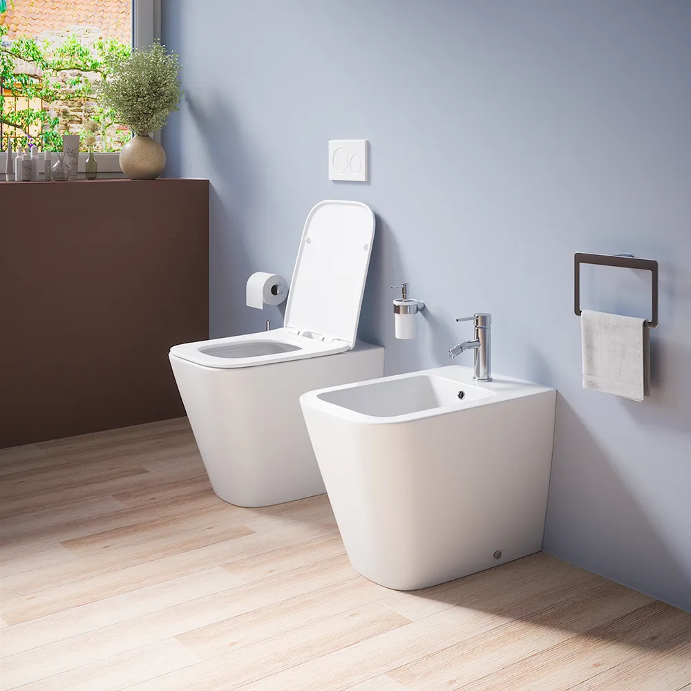 Sanitari filomuro in ceramica bianco lucido vaso rimless sedile soft-close e bidet | Kyoto Sanitari filomuro in ceramica bianco lucido vaso rimless sedile soft-close e bidet | Kyoto
