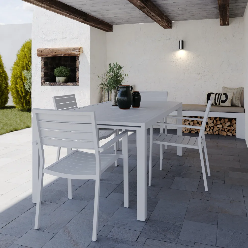Set da esterno bianco con tavolo allungabile 200/300x75cm e 4 sedie in alluminio | Zenor