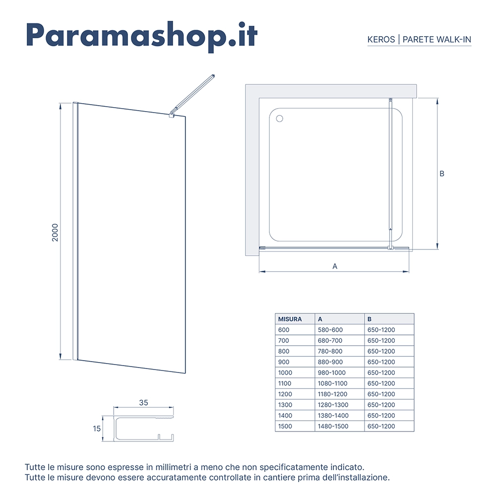 Parete doccia walk in vetro trasparente 8mm anticalcare vista diagonale Parete doccia walk in vetro trasparente 8mm anticalcare vista diagonale