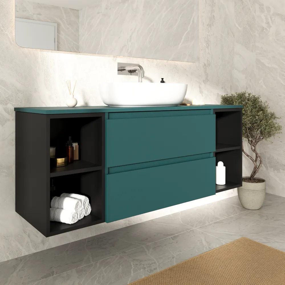 Mobile bagno sospeso 140cm due cassetti con top petrol e due vani a giorno nero opaco | Hexa