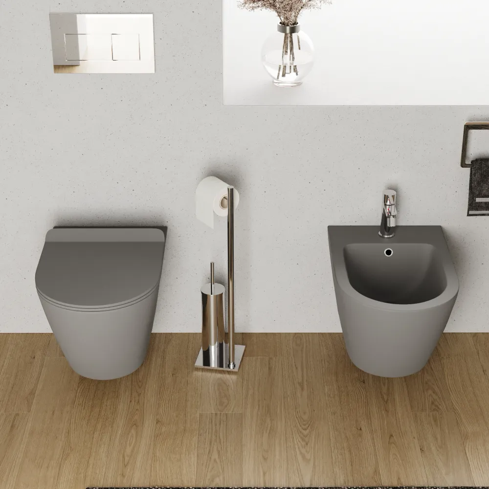 Sanitari sospesi in ceramica grigio opaco vaso tornado silent flush sedile soft-close e bidet | Sydney