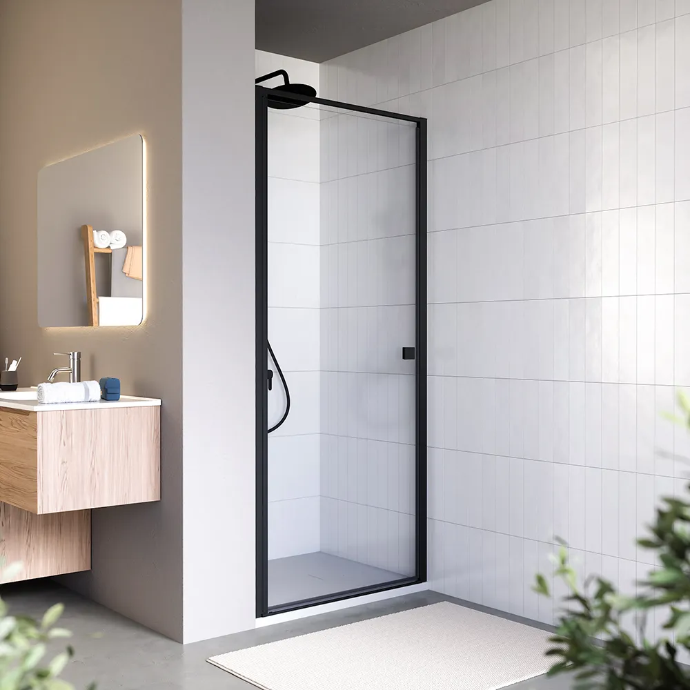 Porta doccia 80cm apertura a battente con profili nero opaco e vetro da 8mm trasparente h195 | Bahamas Porta doccia 80cm apertura a battente con profili nero opaco e vetro da 8mm trasparente h195 | Bahamas