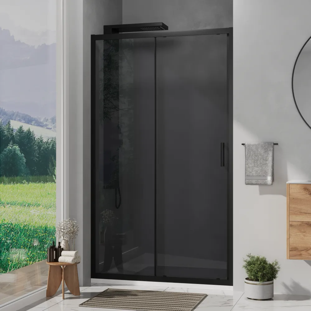 Nicchia doccia 140 cm reversibile apertura scorrevole profili nero opaco vetro 6 mm fumè h 198 | Tahiti