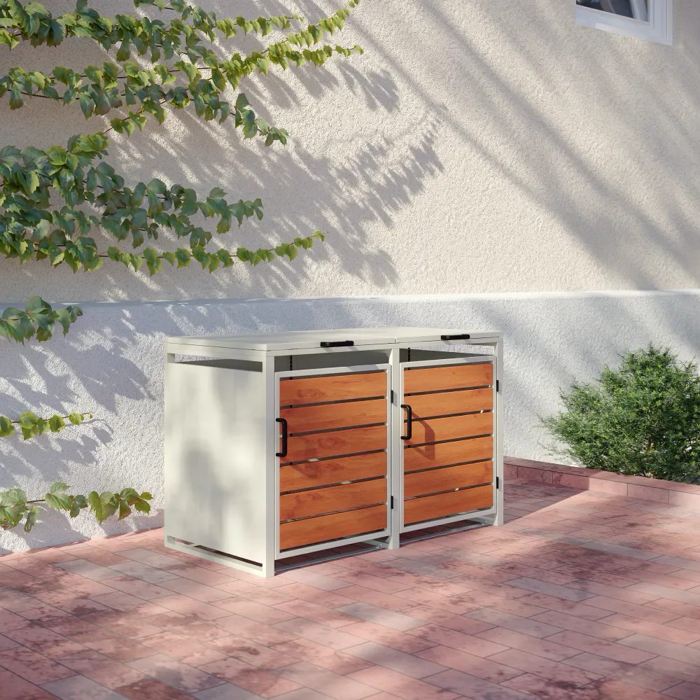 Copri bidoni 2 cassonetti 60L 100x50x64cm in acciaio zincato profili bianchi con pannelli effetto legno | Kubo