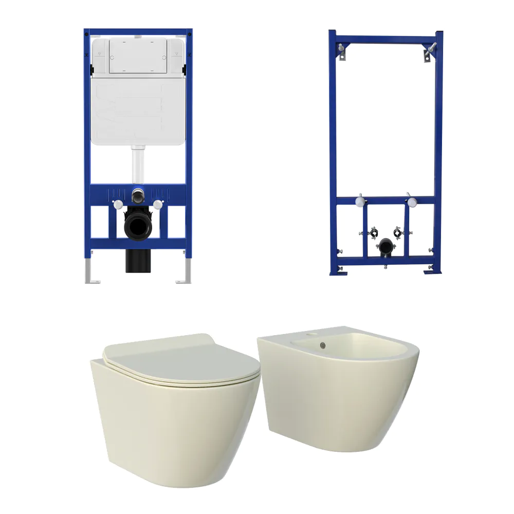 Kit coppia sanitari sospesi WC e bidet con sistema di scarico da incasso e telaio per bidet mod. Parigi khaki opaco Kit coppia sanitari sospesi WC e bidet con sistema di scarico da incasso e telaio per bidet mod. Parigi khaki opaco