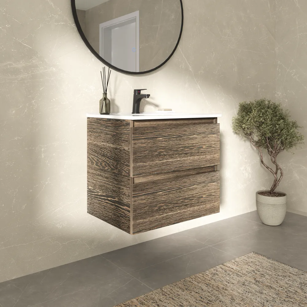 Mobile bagno sospeso 70cm due cassetti rovere scuro vintage wenge con lavabo | Hexa Mobile bagno sospeso 70cm due cassetti rovere scuro vintage wenge con lavabo | Hexa