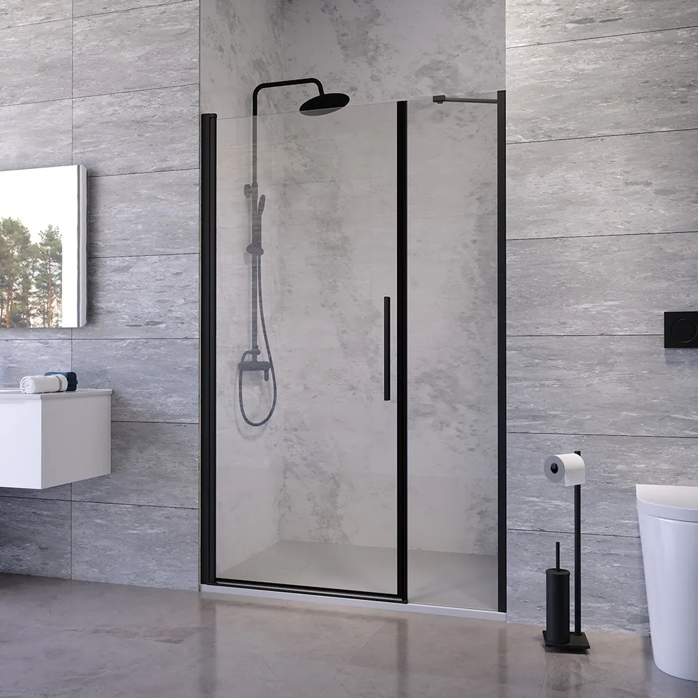 Porta doccia 136-140cm apertura a battente con profili nero opaco e vetro da 6mm trasparente h195 | Elba Porta doccia 136-140cm apertura a battente con profili nero opaco e vetro da 6mm trasparente h195 | Elba