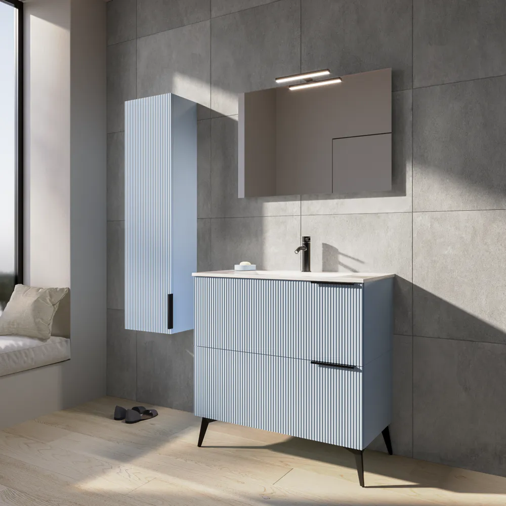 Mobile bagno a terra cannettato 90 cm azzurro capri 2 cassetti con lavabo in ceramica, piedini nero opaco | Fuji Mobile bagno a terra cannettato 90 cm azzurro capri 2 cassetti con lavabo in ceramica, piedini nero opaco | Fuji