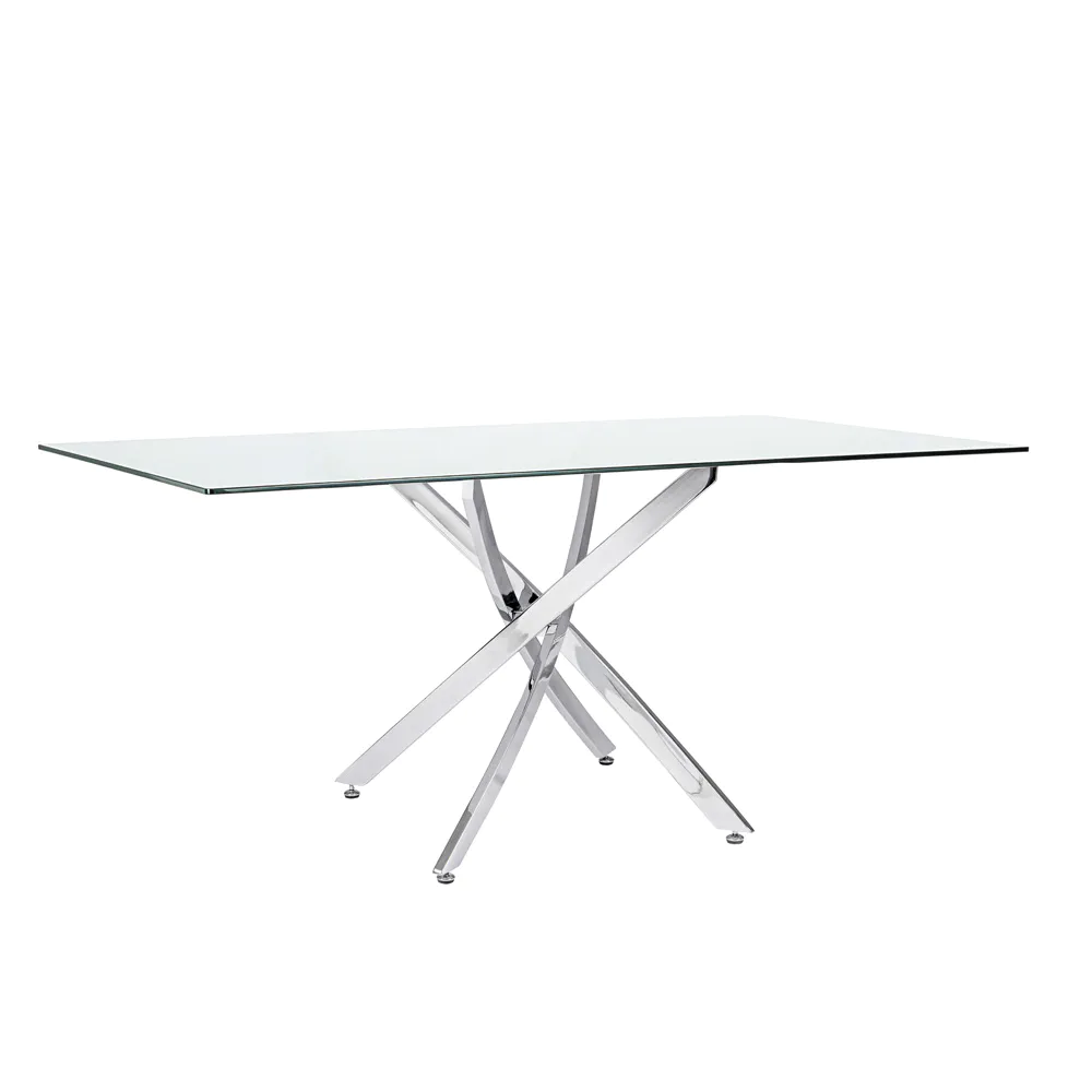 Tavolo rettangolare 160x90cm con top in vetro 8mm trasparente e gambe incrociate in acciaio cromato | George