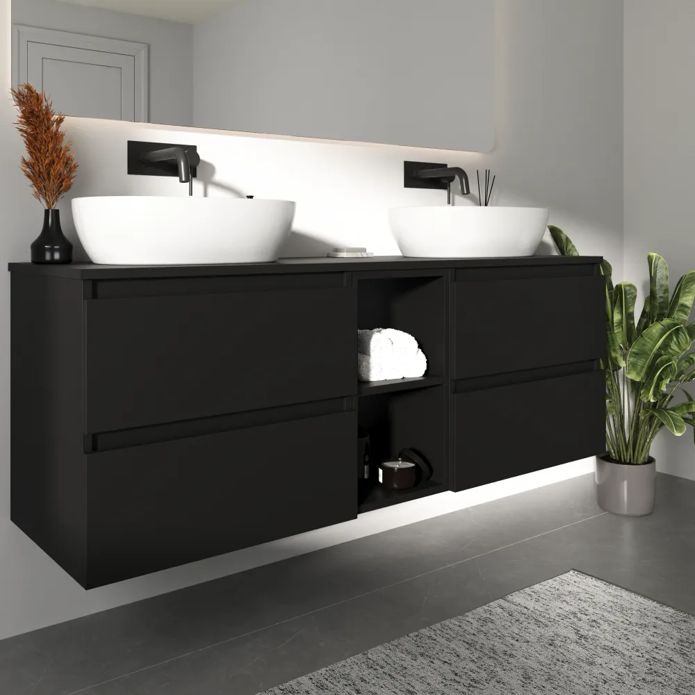 Mobile bagno sospeso 150cm quattro cassetti nero opaco con top e vano a giorno | Hexa