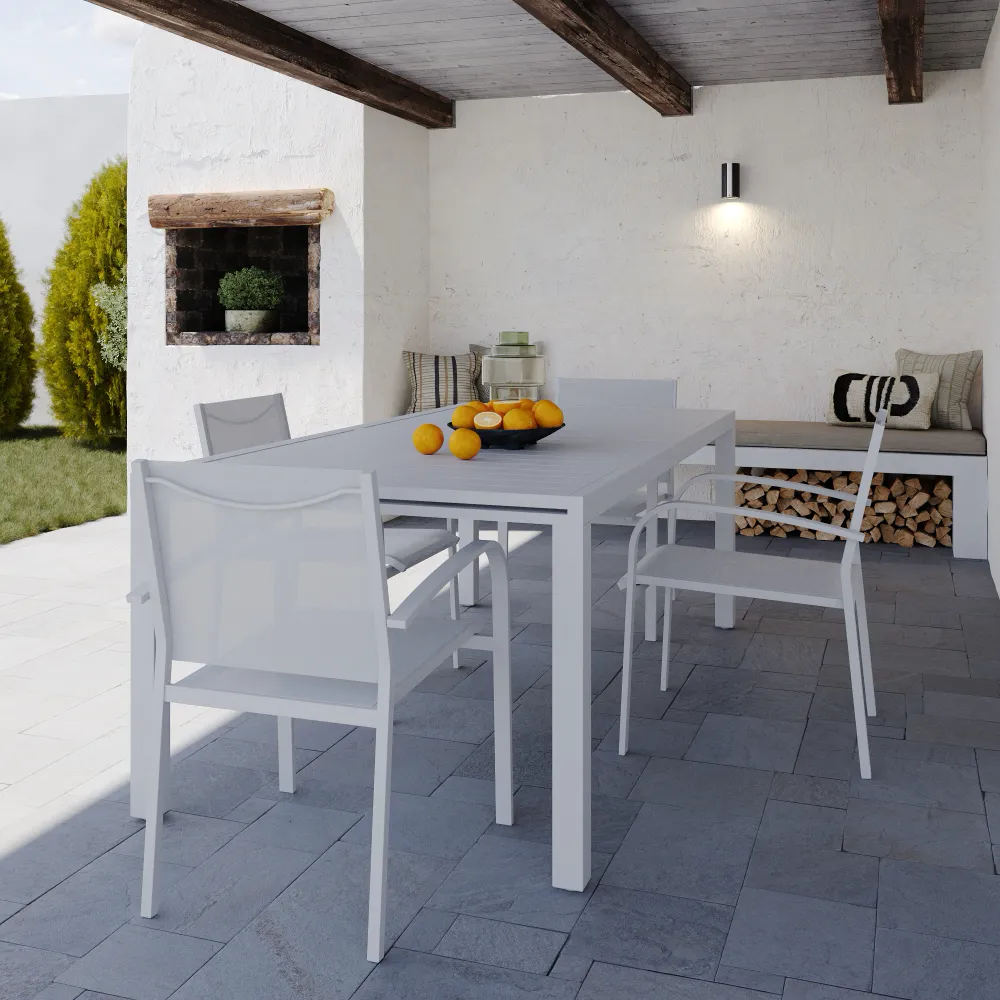 Set da esterno bianco con tavolo allungabile 200/300x75cm e 4 sedie in alluminio e textilene con braccioli tondi | Marel Set da esterno bianco con tavolo allungabile 200/300x75cm e 4 sedie in alluminio e textilene con braccioli tondi | Marel