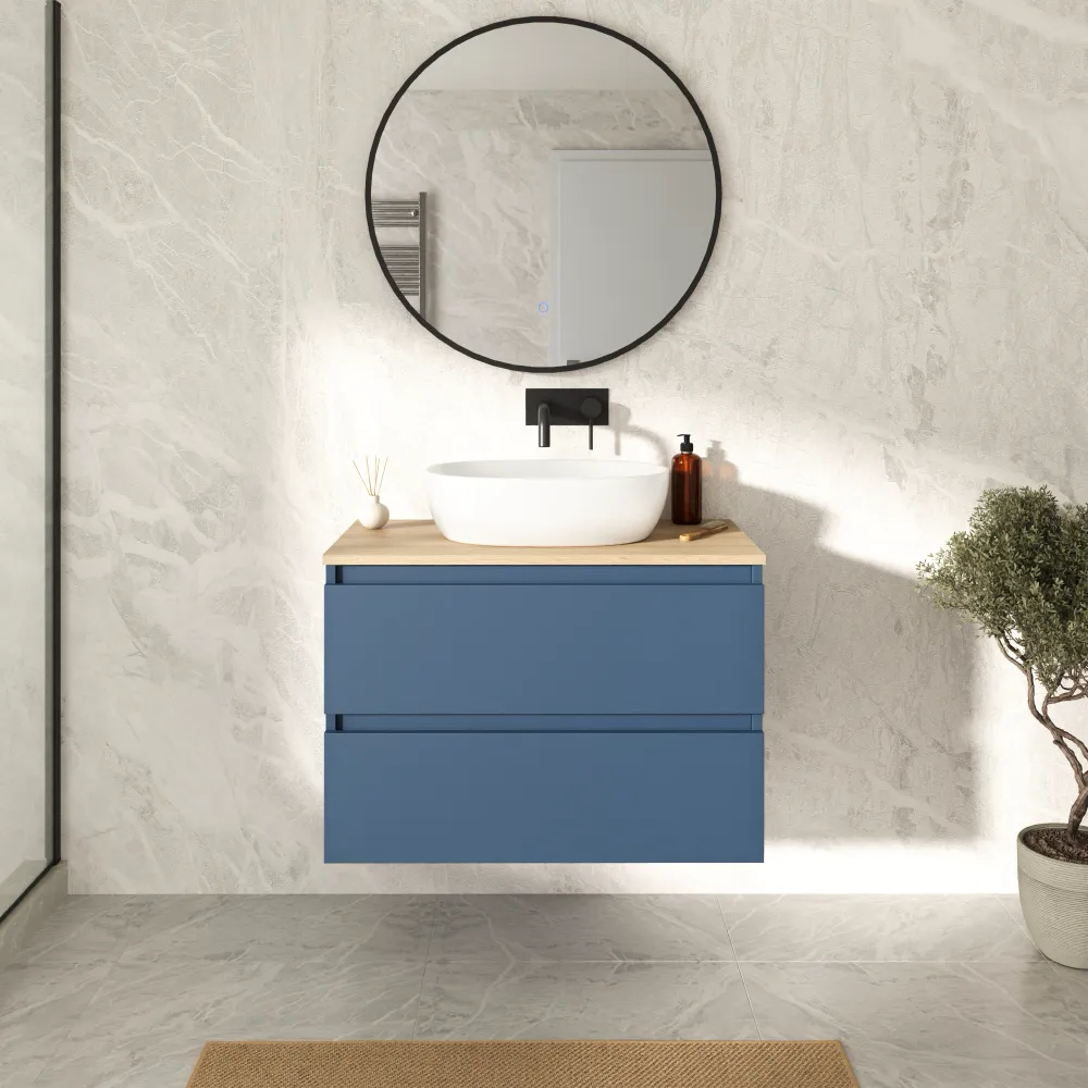 Mobile bagno sospeso 70cm due cassetti alby blue con top rovere chiaro | Hexa Mobile bagno sospeso 70cm due cassetti alby blue con top rovere chiaro | Hexa