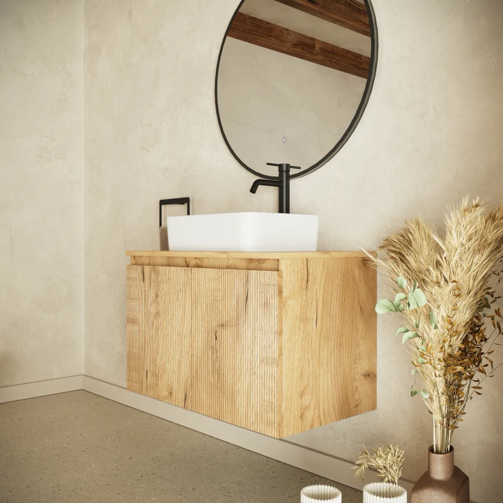 Mobile bagno sospeso 80cm rovere chiaro cannettato 2 ante con top | Pelion