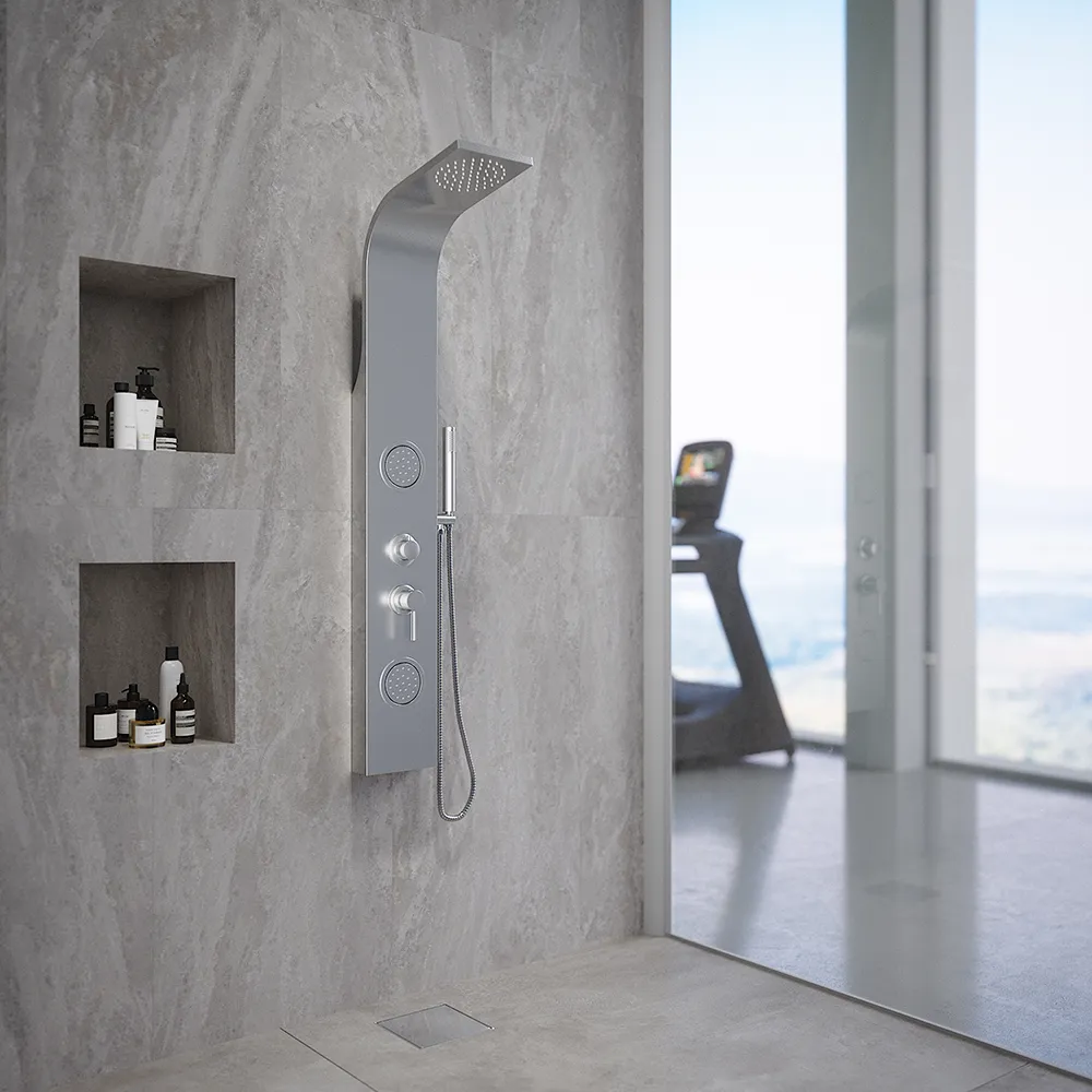 Pannello doccia curvo in acciaio cromato con doccino, 3 funzioni | Spa Pannello doccia curvo in acciaio cromato con doccino, 3 funzioni | Spa