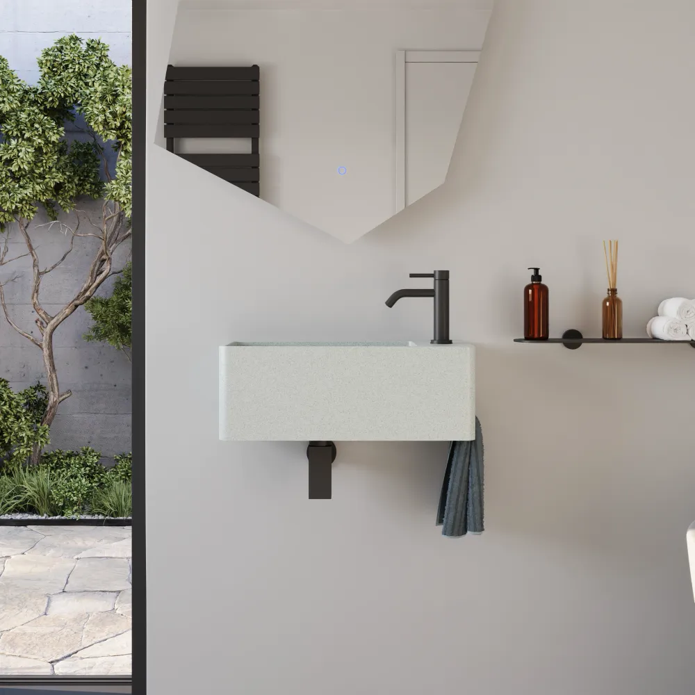 Lavabo sospeso a muro rettangolare in microcemento 55x23x20 cm bianco foro a destra | Kanas