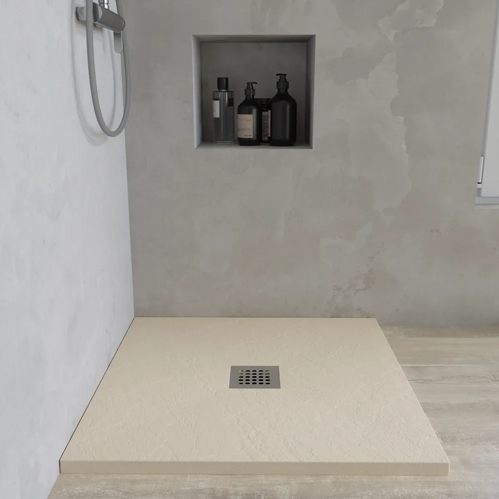 Piatto doccia quadrato 90x90 cm in marmoresina avorio effetto pietra h3 cm | Milos Piatto doccia quadrato 90x90 cm in marmoresina avorio effetto pietra h3 cm | Milos