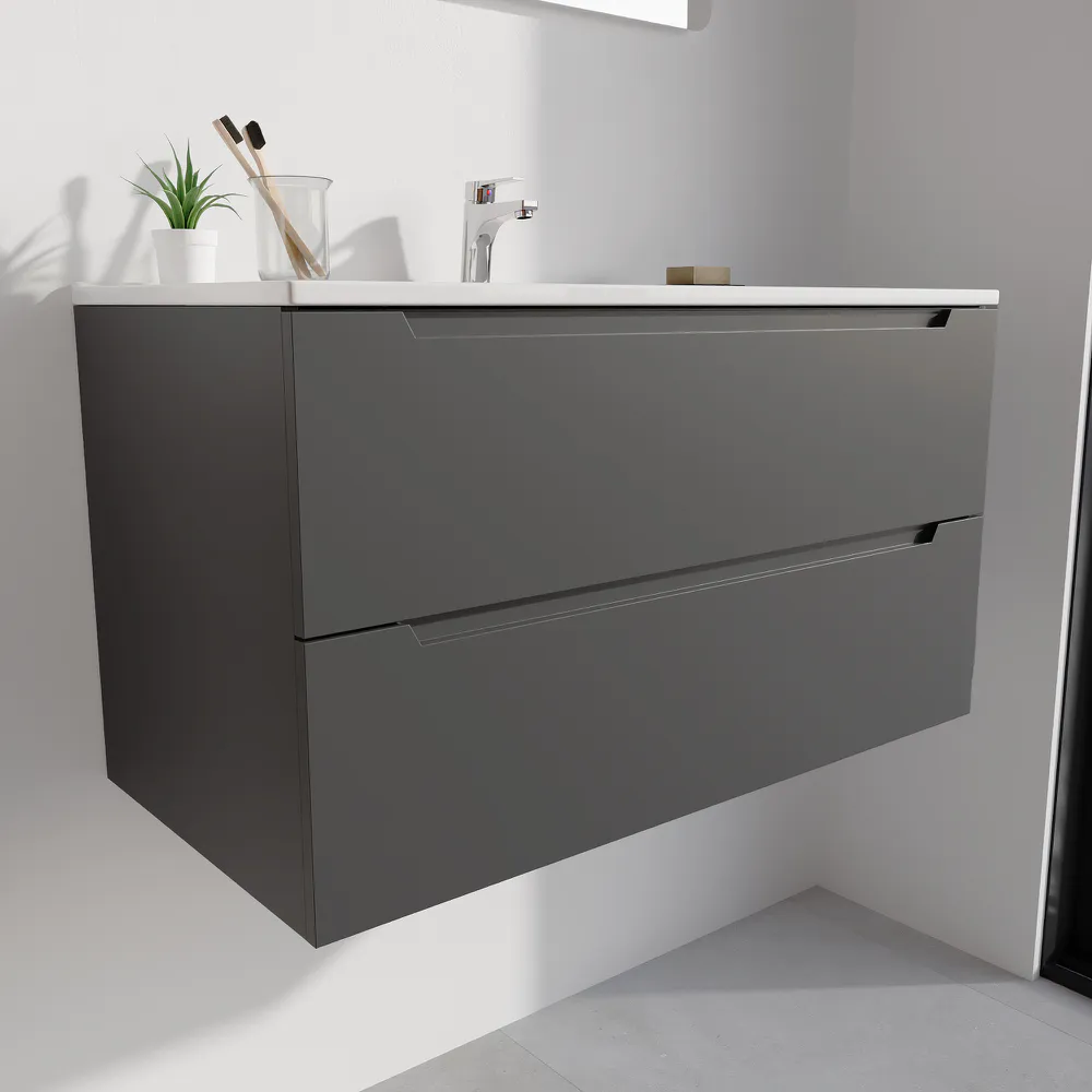 Mobile bagno sospeso 90cm grigio opaco due cassetti soft-close con lavabo bianco lucido | Bako Mobile bagno sospeso 90cm grigio opaco due cassetti soft-close con lavabo bianco lucido | Bako