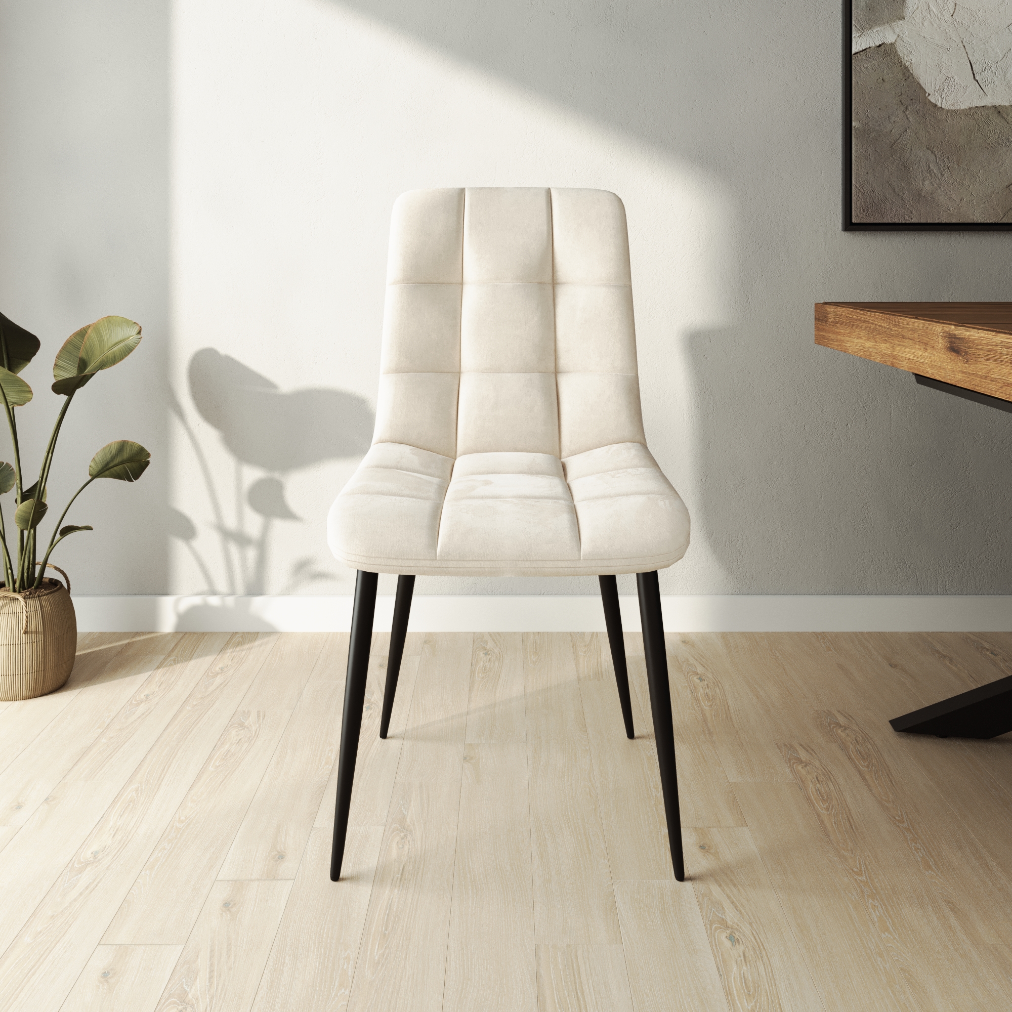 Set 4 sedie seduta in velluto beige trapuntata e gambe in acciaio nero | Asia Set 4 sedie seduta in velluto beige trapuntata e gambe in acciaio nero | Asia