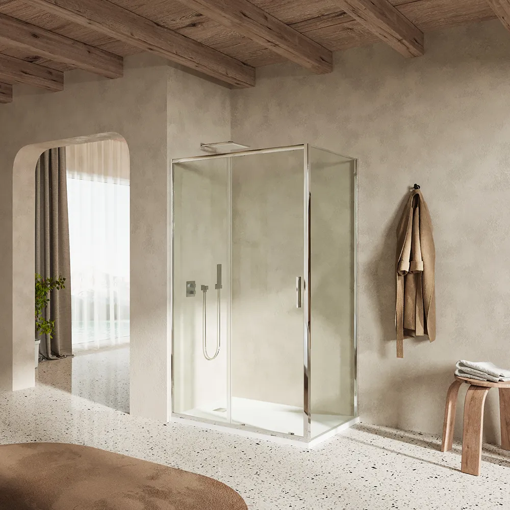 Box doccia slim 80x140cm con porta scorrevole e parete fissa profili cromati e vetro 6mm trasparente h190| Portofino Box doccia slim 80x140cm con porta scorrevole e parete fissa profili cromati e vetro 6mm trasparente h190| Portofino