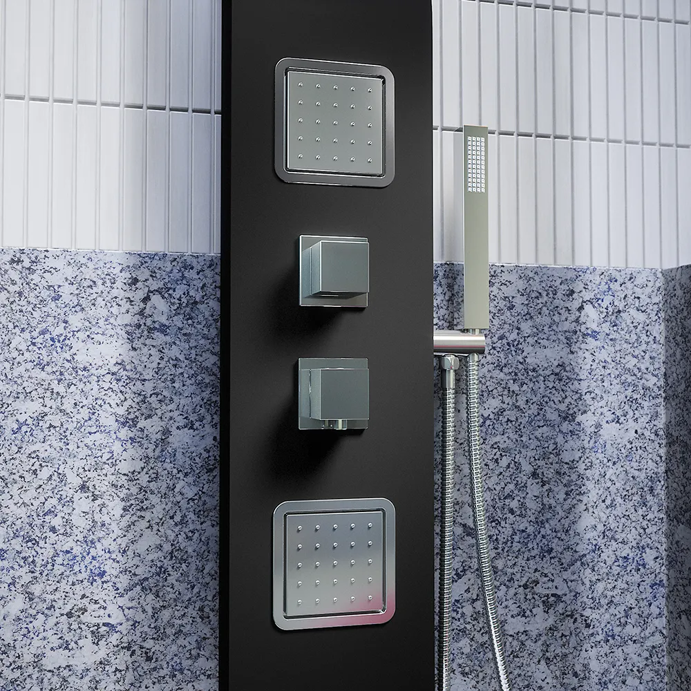 Pannello doccia in alluminio nero opaco a 3 funzioni con doccino | Vernel Pannello doccia in alluminio nero opaco a 3 funzioni con doccino | Vernel