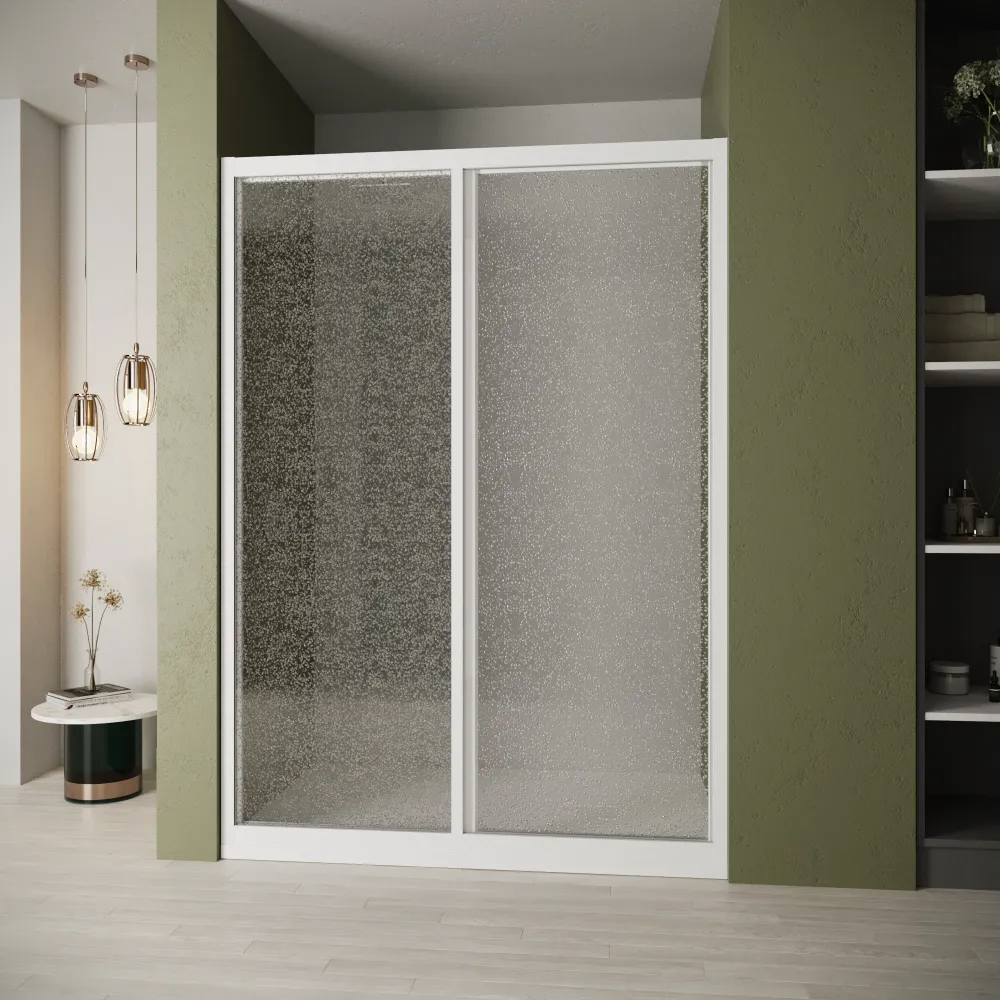 Nicchia doccia 140cm apertura scorrevole profili bianchi in pvc e pannello acrilico 1,8mm h190cm Nicchia doccia 140cm apertura scorrevole profili bianchi in pvc e pannello acrilico 1,8mm h190cm