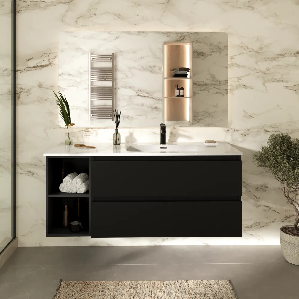 Mobile bagno sospeso 100cm due cassetti nero opaco con con lavabo destro e vano a giorno | Hexa Mobile bagno sospeso 100cm due cassetti nero opaco con con lavabo destro e vano a giorno | Hexa