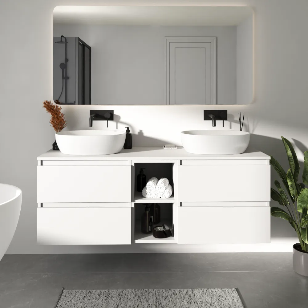 Mobile bagno sospeso 150cm quattro cassetti bianco opaco con top e vano a giorno | Hexa Mobile bagno sospeso 150cm quattro cassetti bianco opaco con top e vano a giorno | Hexa
