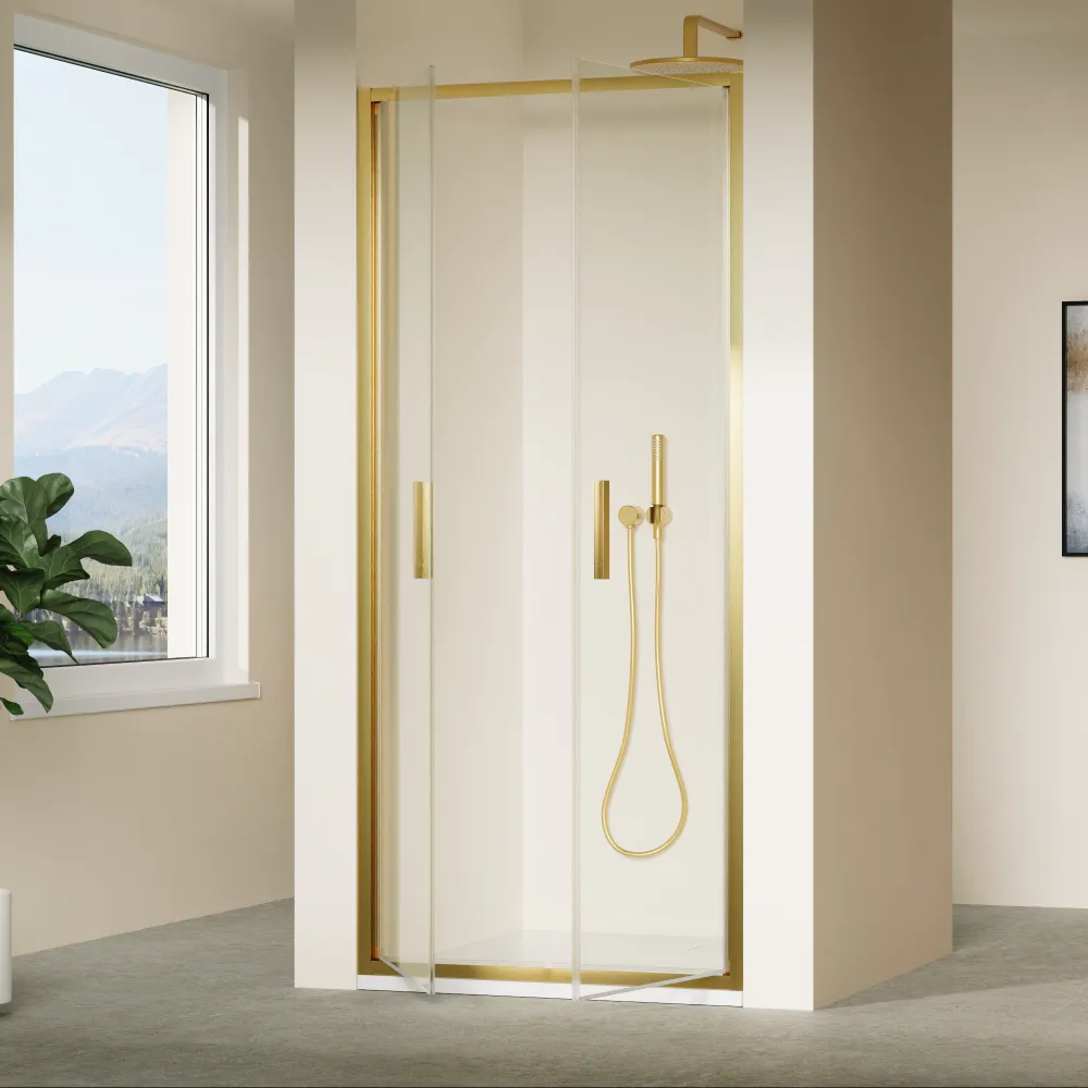 Porta doccia 90cm con apertura saloon profili slim oro spazzolato vetro 6mm trasparente anticalcare h190 | Portofino