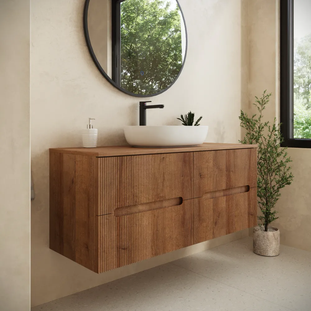 Mobile bagno sospeso 120cm quattro cassetti rovere scuro cannettato con top | Tigua Mobile bagno sospeso 120cm quattro cassetti rovere scuro cannettato con top | Tigua