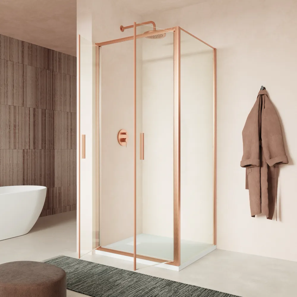 Box doccia slim 75x90cm con apertura saloon e parete fissa profili rame spazzolato e vetro 6mm trasparente anticalcare h190| Portofino