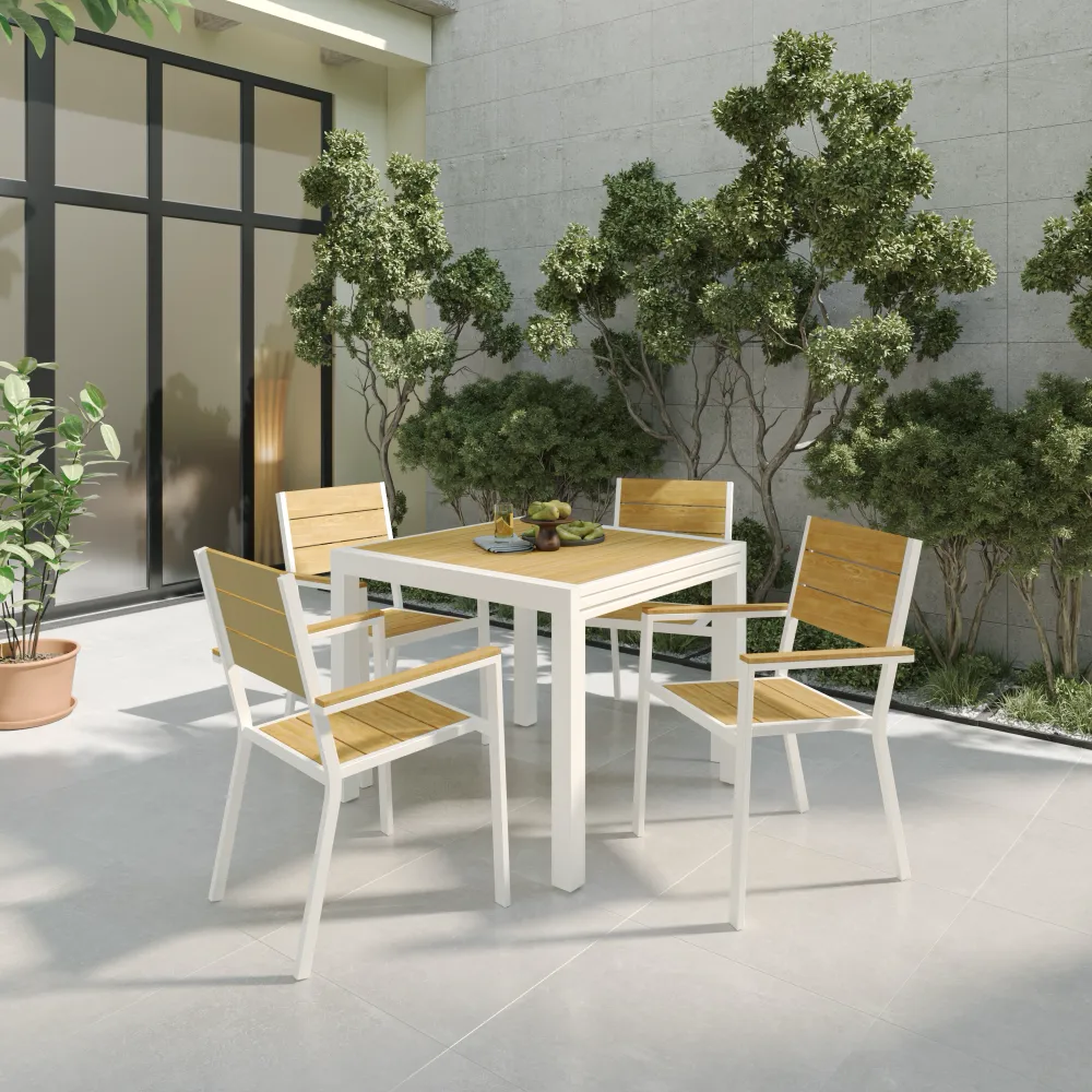 Set da esterno bianco con tavolo allungabile 90/180x74cm e 4 sedie in alluminio e polywood | Camir Set da esterno bianco con tavolo allungabile 90/180x74cm e 4 sedie in alluminio e polywood | Camir
