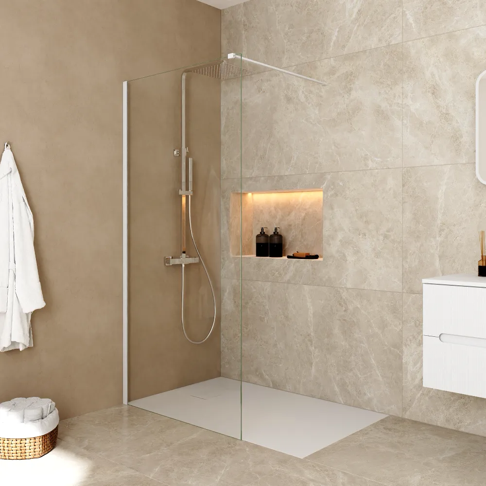 Doccia walk-in 150 cm vetro 8mm anticalcare h200 profilo bianco opaco | Keros Doccia walk-in 150 cm vetro 8mm anticalcare h200 profilo bianco opaco | Keros