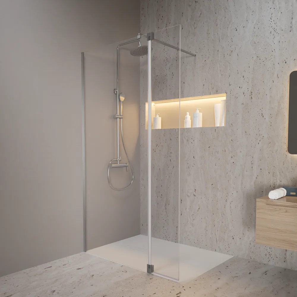 Doccia walk-in 60cm + anta girevole 40cm vetro 8mm trasparente anticalcare profili nickel spazzolato h200 | Keros