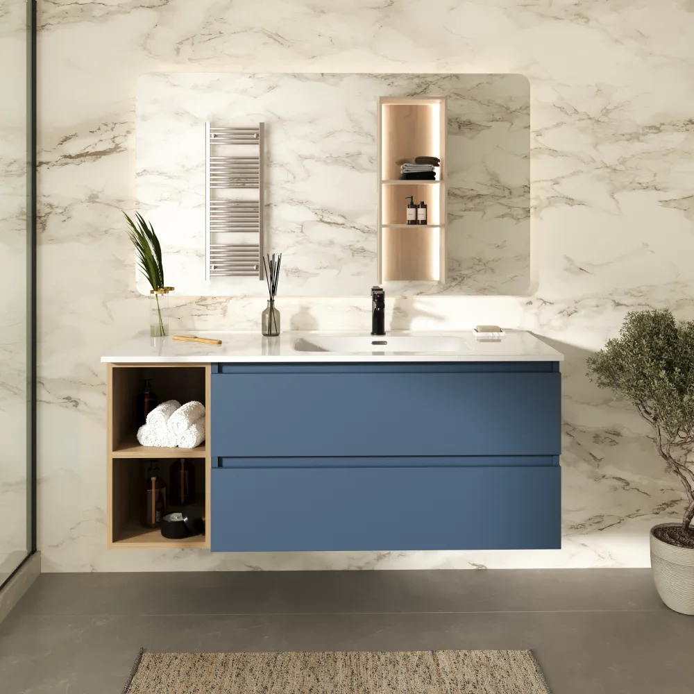 Mobile bagno sospeso 100cm due cassetti alby blue con lavabo destro e vano a giorno rovere chiaro | Hexa