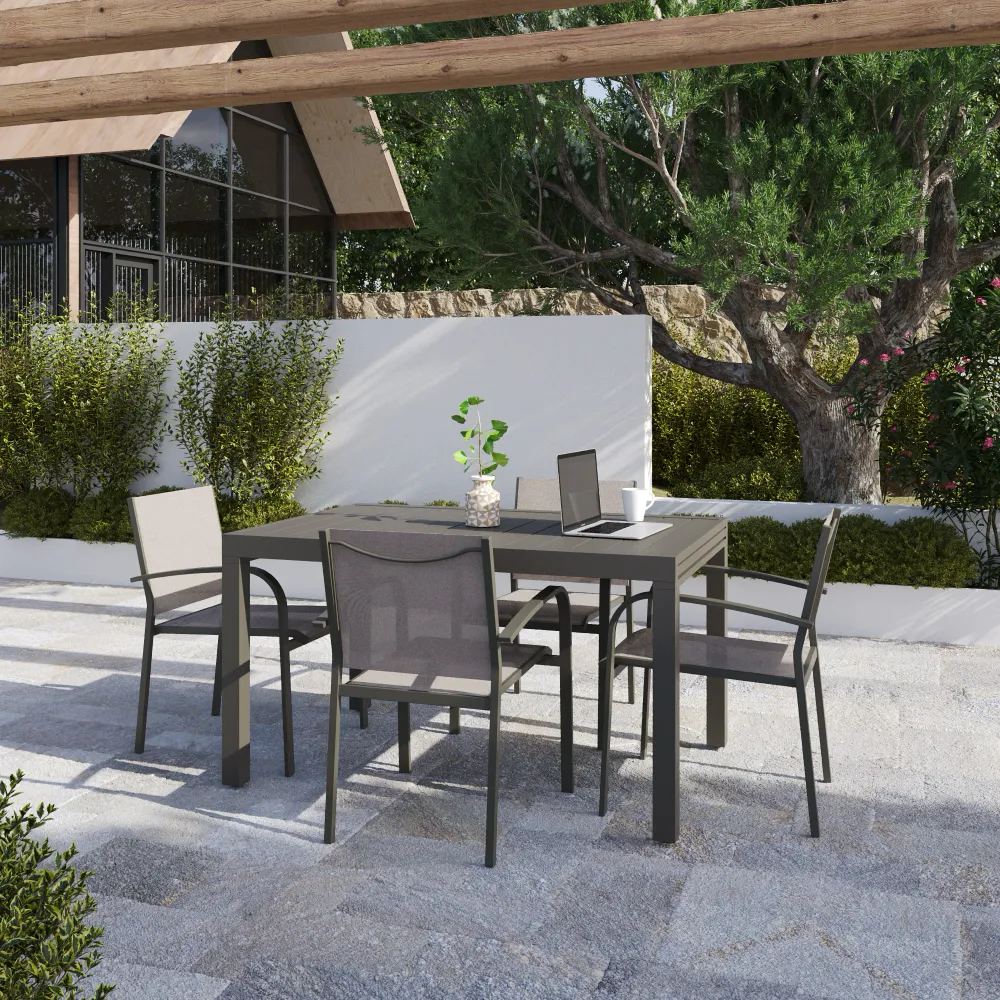 Set da esterno tortora con tavolo allungabile 135/270x74cm e 4 sedie in alluminio e textilene con braccioli tondi | Marel