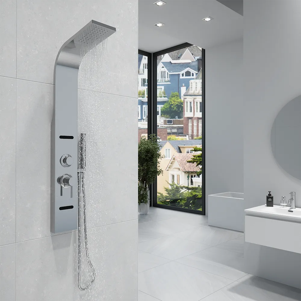 Pannello doccia 113x14cm in acciaio spazzolato a 3 funzioni con doccino e flessibile | Nilo Pannello doccia 113x14cm in acciaio spazzolato a 3 funzioni con doccino e flessibile | Nilo