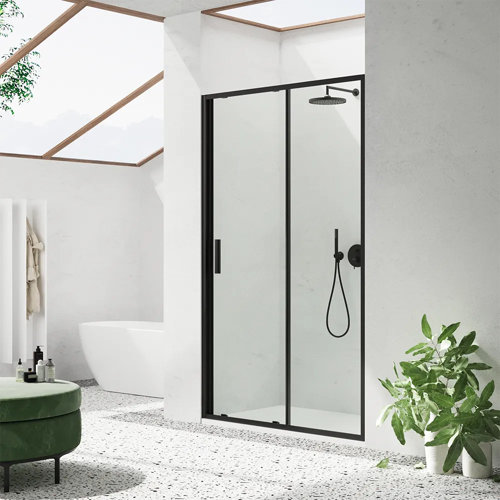 Porta doccia 130cm profili slim nero opaco vetro 6mm trasparente h190 | Portofino Porta doccia 130cm profili slim nero opaco vetro 6mm trasparente h190 | Portofino