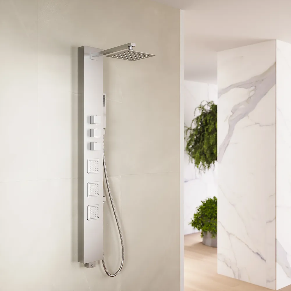 Pannello doccia termostatico in acciaio cromato con doccino, 3 funzioni | Marmore Pannello doccia termostatico in acciaio cromato con doccino, 3 funzioni | Marmore