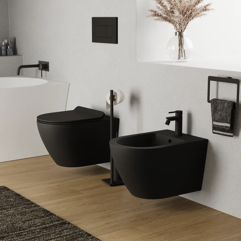 Sanitari sospesi in ceramica nero opaco vaso rimless sedile soft-close e bidet | Sydney Sanitari sospesi in ceramica nero opaco vaso rimless sedile soft-close e bidet | Sydney