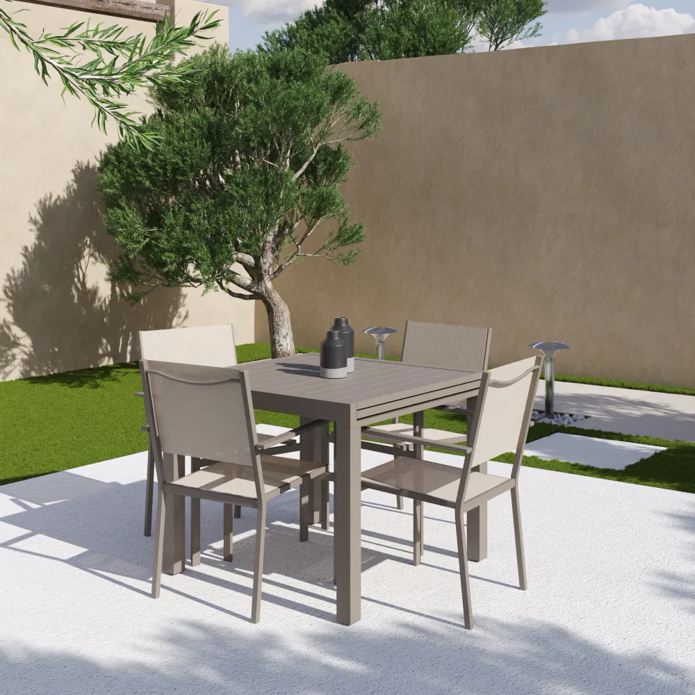 Set da esterno tortora con tavolo allungabile 90/180x74cm e 4 sedie in alluminio con textilene e braccioli squadrati | Marel