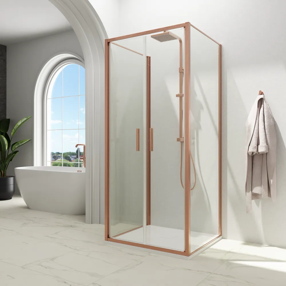 Box doccia 3 lati 70x75x70cm con porta saloon profili rame spazzolato vetro 6mm trasparente anticalcare h190| Portofino Box doccia 3 lati 70x75x70cm con porta saloon profili rame spazzolato vetro 6mm trasparente anticalcare h190| Portofino