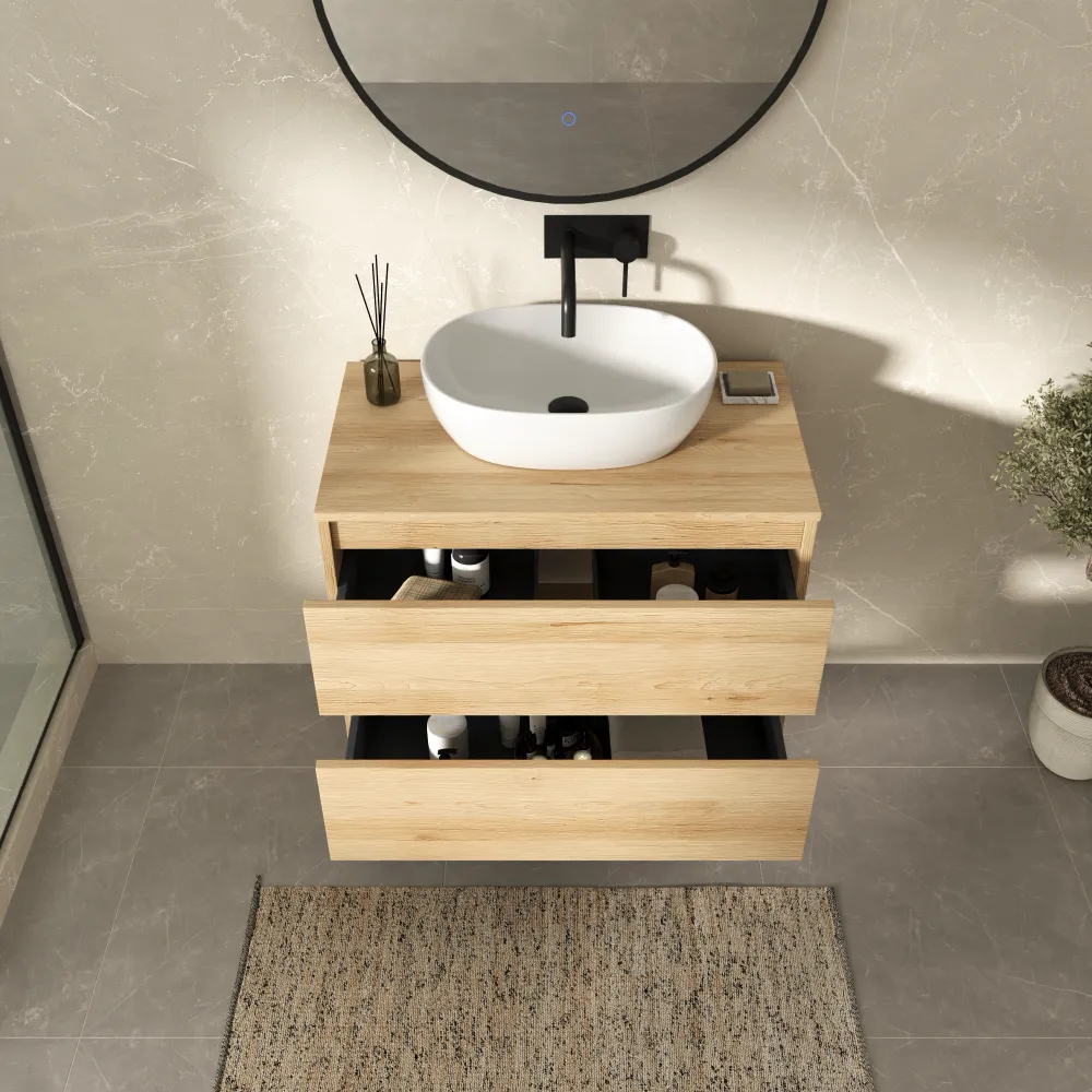 Mobile bagno sospeso 60cm due cassetti rovere chiaro stone oak con top | Hexa