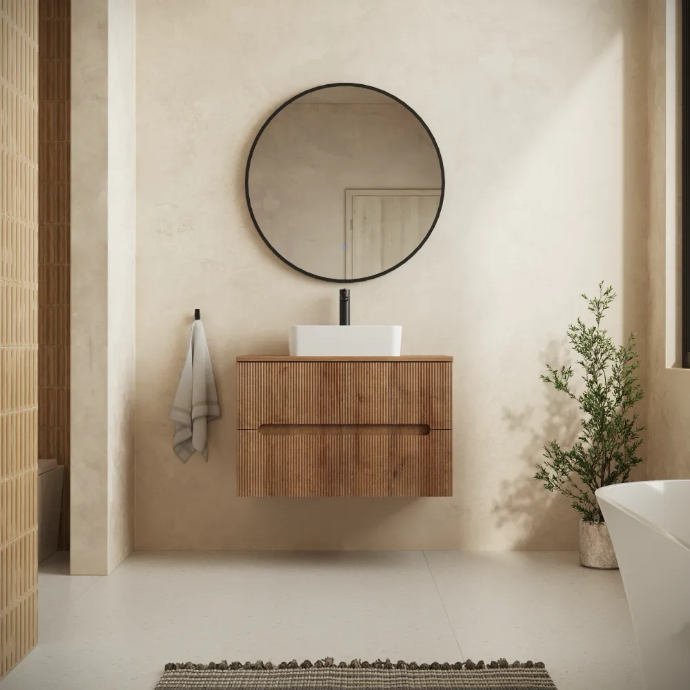 Mobile bagno sospeso 60cm due cassetti rovere scuro cannettato con top | Tigua