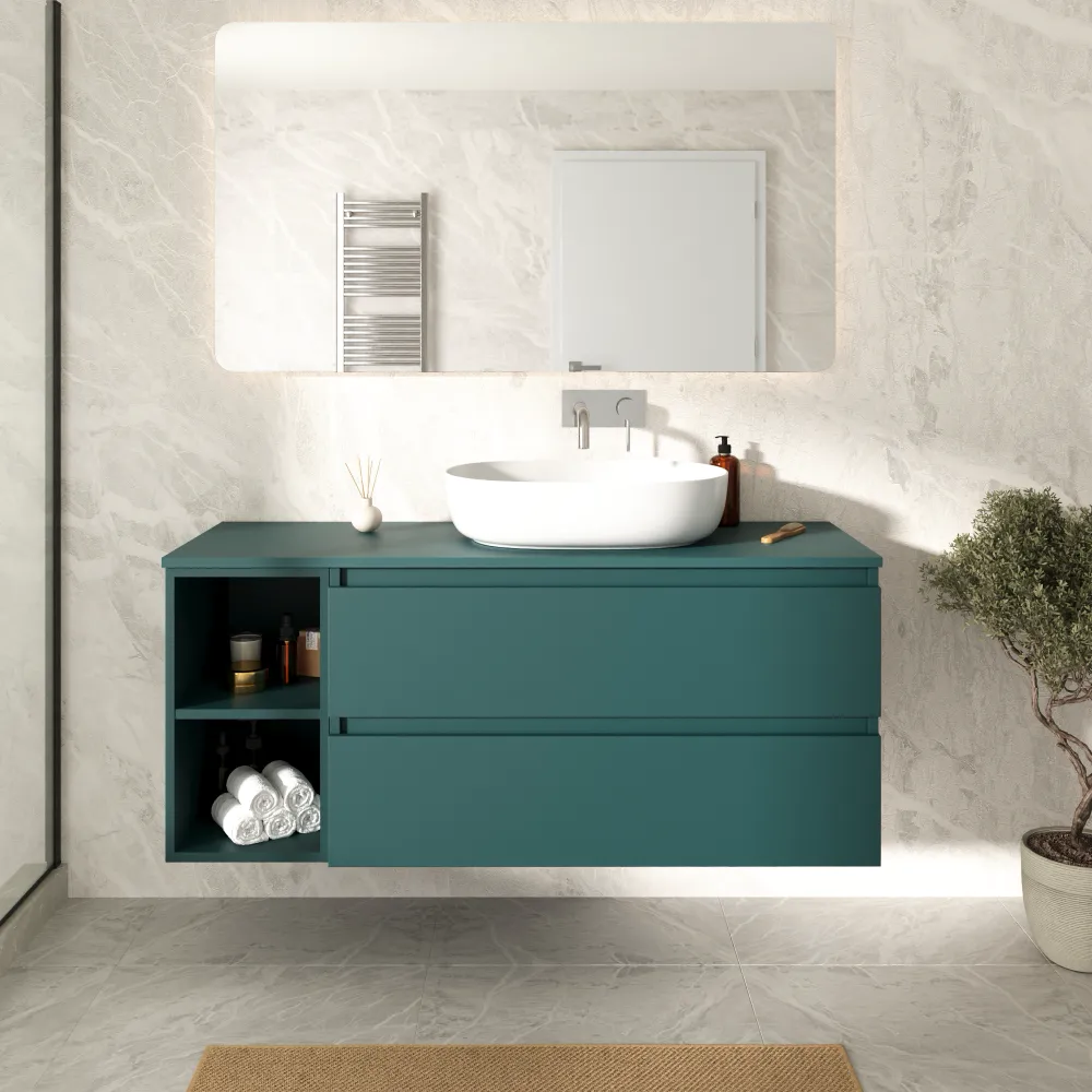 Mobile bagno sospeso 130cm due cassetti petrol con top e vano a giorno | Hexa