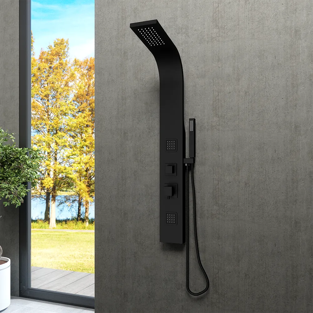 Pannello doccia 113x14cm in acciaio nero opaco a 3 funzioni con doccino e flessibile | Jog Pannello doccia 113x14cm in acciaio nero opaco a 3 funzioni con doccino e flessibile | Jog