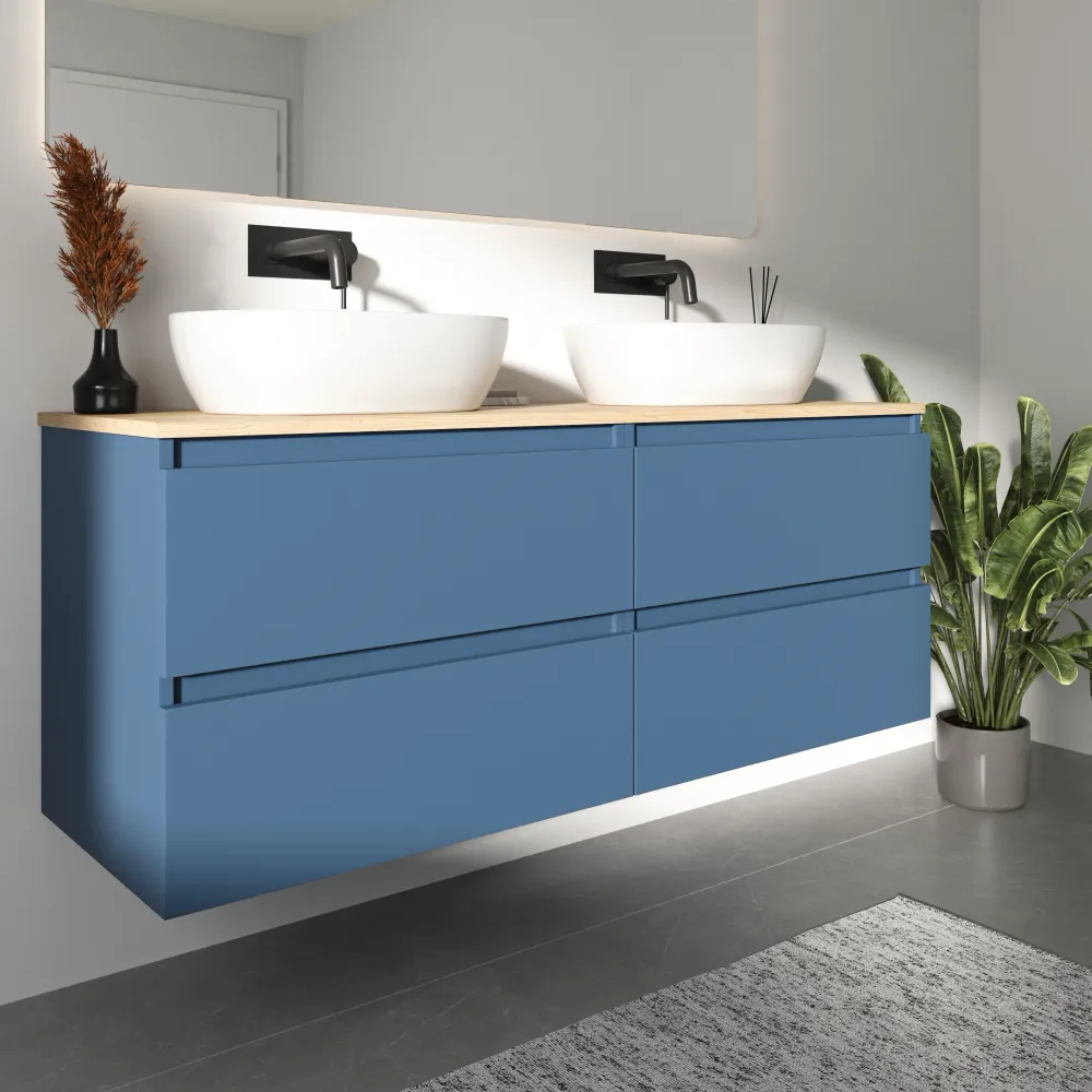 Mobile bagno sospeso 140cm quattro cassetti alby blue con top rovere chiaro | Hexa Mobile bagno sospeso 140cm quattro cassetti alby blue con top rovere chiaro | Hexa